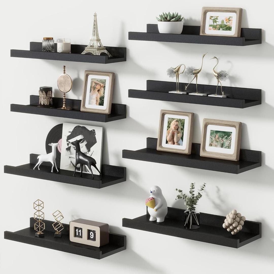 FLYJOE Picture Ledge Shelf, Small Floating Shelves Set of 8, 16 Inches Nursery Book Shelves for Toys Storage, Kids Bookshelf Wall Mounted for Living Room Bedroom Decor Books Photo Frames, Cool Black