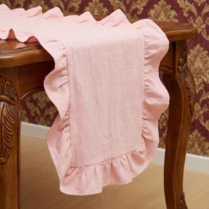 HunnmingRe Pink Ruffled Table Runner 118 Inch Scalloped Table Runner Cotton Flounces Washable Shabby Farmhouse Rustic Home Kitchen Decoration for Wedding Rectangle Bride Shower Christmas Party