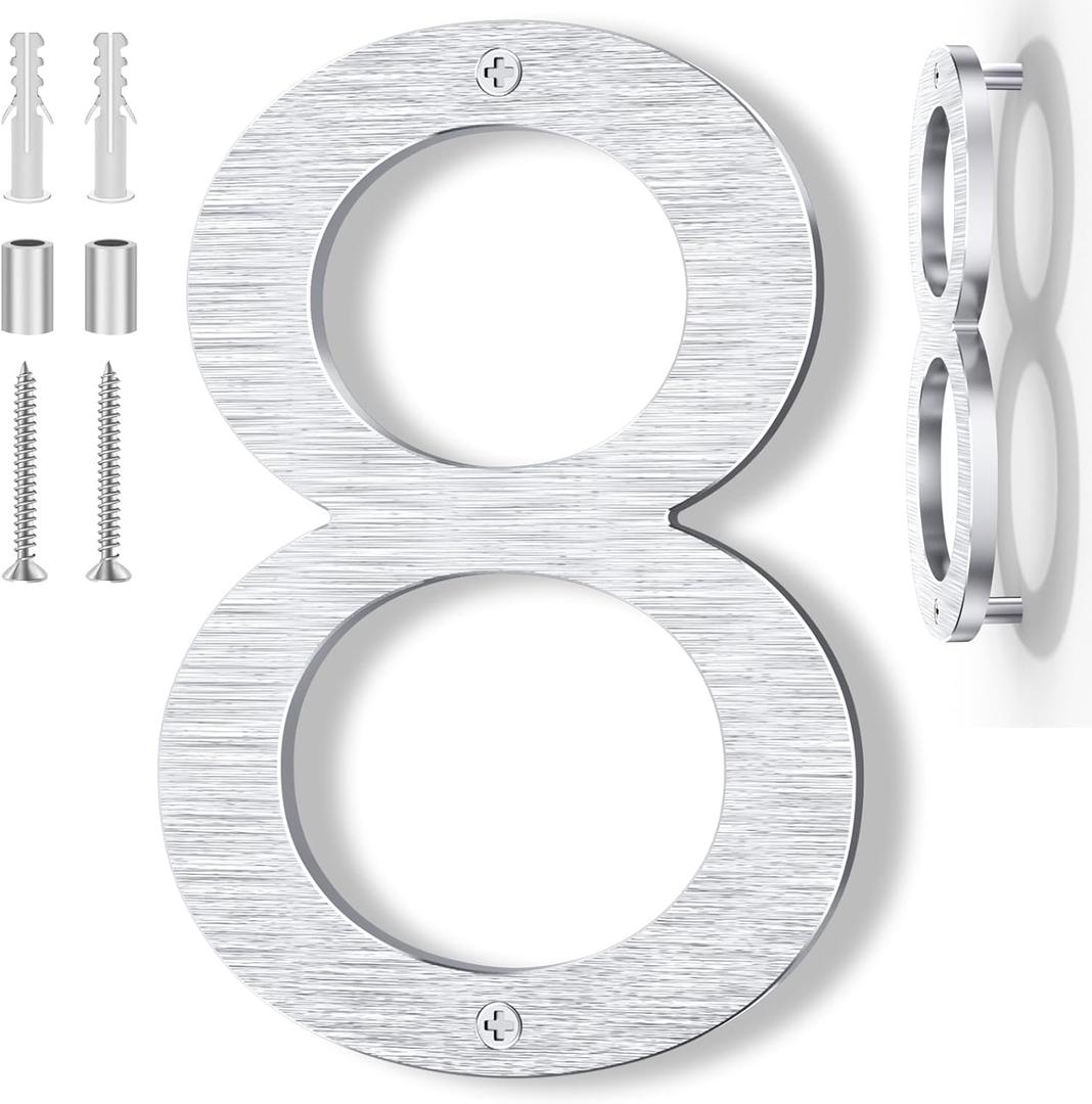 8 Inch Large Metal House Number for Outside, Modern Floating Home Address Numbers, Aluminum Silver Anti-Rust numbers for house for Garden Front Door Garage Apartment Signage,911 Visibility Signage (8)