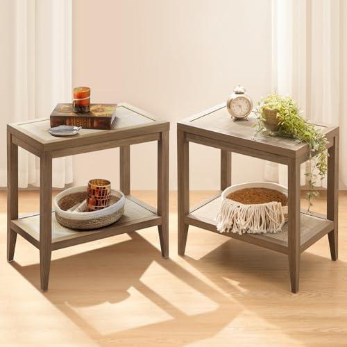 SICOTAS Rattan Nightstands Set of 2 Bedside Table - Boho Narrow End Table Living Room Set of 2 Side Table with Rattan Storage Shelves for Small Space
