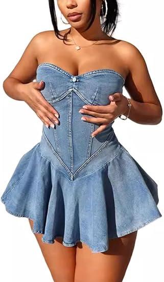 Womens Denim Mini Dress Sexy Y2k Sleeveless Summer Casual Cube Jean Dresses