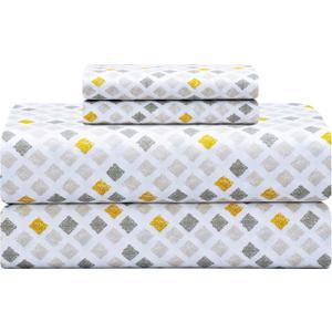 Feather & Stitch Softest 100% Cotton Sheets, 300 Thread Count Percale Weave Bedding, 16" Deep Pocket, Cooling Sheets, Breathable Bed Set, Hotel Premium Quality (Full, Yellow Diamond)