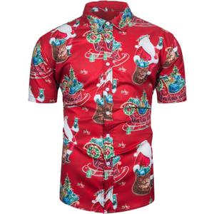 TUNEVUSE Mens Christmas Shirt Ugly Santa Claus Party Printed Short Sleeve Funny Casual Hawaiian Xmas Shirts Top (Red)