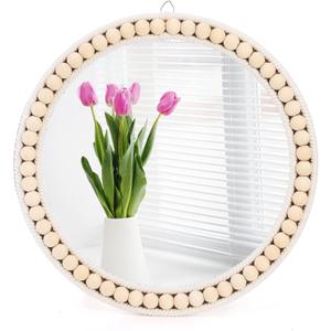 Eorbow Boho Wall Mounted Mirror, 12 Inch Round Wooden Bead Hanging Mirrors, Rustic Decorative Vanity Mirror, Farmhouse Circle Decor Mirrors for Living Room, Bedroom, Bathroom, Nursery