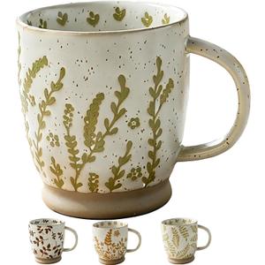 18 OZ Coffee Mug,Large Stoneware Tea Cup,Vintage Floral Ceramic Mug,Hand-Painted Botanical Spotted Seagrass Pattern Cup,Rustic Speckled Mug with Embossed Green Plant Design,1PC