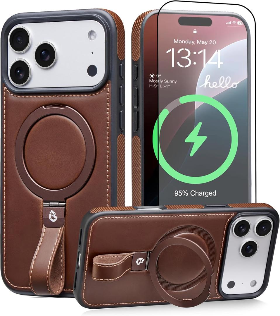 for iPhone 17 Pro Max Leather Case with Stand, Anti-Slip Grip Ring, Fits for MagSafe (Cocoa, IP17 Pro Max-6.9inch)