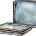 HENXFEN LEAD Ceramic Square Dinner Plates 11 Inch, Large Serving Dishes Set of 4 for Steak, Pasta, Salad, Stoneware Dinnerware Set Dishwasher Microwave Safe - Reactive Green