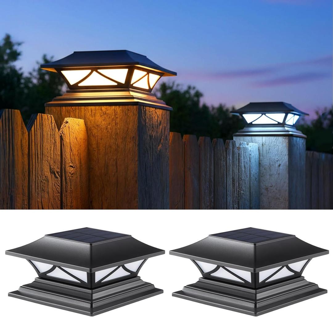 PASAMIC 2 Pack Solar Post Cap Lights, Waterproof Outdoor Lights for 4x4 5x5 6x6 Wood/Vinyl Posts, Fence Post Solar Lights with 2 Color Modes for Garden, Deck, Patio, Porch, Fence
