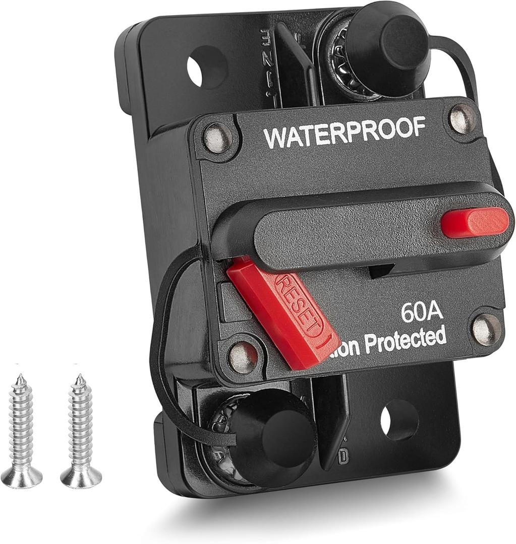 60Amp Circuit Breaker for Boat Trolling Motor Marine ATV Trailer Vehicles Stereo Audio Electronic Battery Solar System Inline Fuse with Manual Reset Switch Waterproof DC 12V-48V