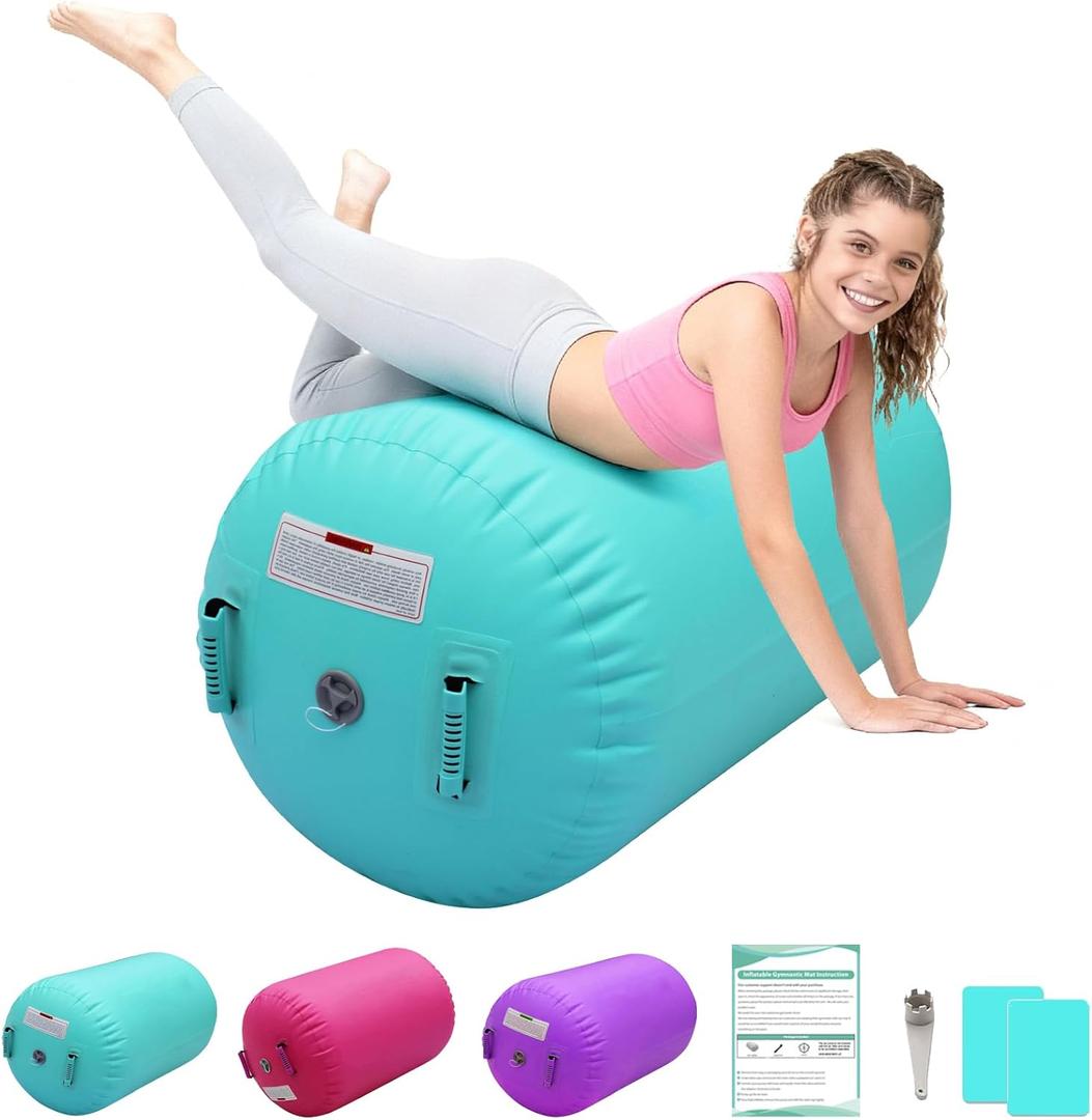 CZGBRO Air Roller Gymnastics Barrel Inflatable Tumbling Roller Air Mat Octagon Mat with Electric Pump for Back Handspring Training Cheerleading Home Use (3.3ft*23.6inch, Green-no pump)