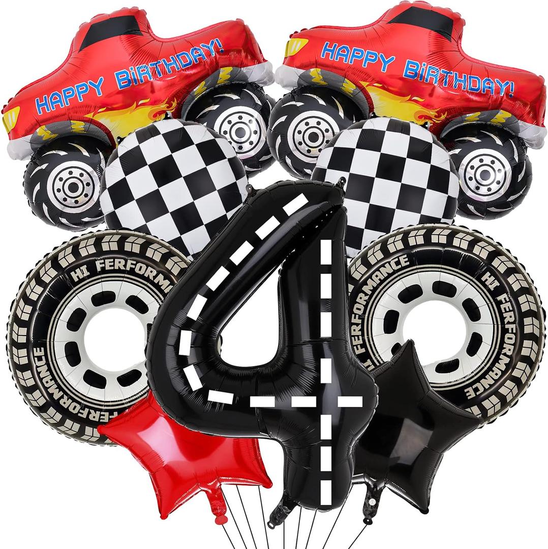 Truck Party Decorations, 9pcs Truck Birthday Number Foil Balloon for Truck 4th Birthday Race Car Theme Party Supplies (4th)