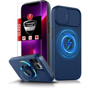 For iPhone 13 Pro Max Case Magnetic Compatible with MagSafe Wireless Charging,with 2 Screen Protectors,Built-in Kickstand Ring+Camera Cover Anti-Scratch Shockproof Heavy Duty Protection Blue