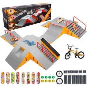 RNGODO Finger Skateboard Park Kits,14in1 Bigger Finger Skateboard Ramp Set with 14 Ramps,8 Fingerboards,1 Finger Bike, Skate Park Kit, Fingerboard Skatepark Half Pipe Toys Gifts for Ages 3+