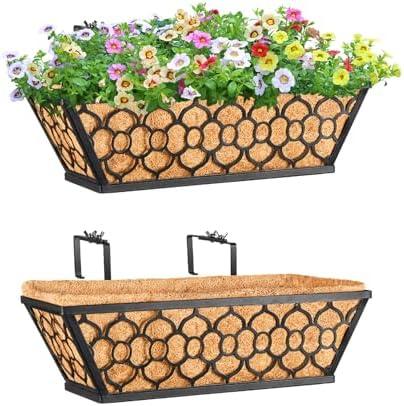 Riare 2 Pack 16 Inch Window Boxes Planters with Coco Liner, Metal Deck Railing Planter Boxes, Balcony Planters Railing Hanging, Horse Trough Window Flower Planter Boxes for Outdoor Porch Fence Patio