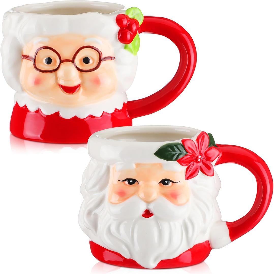 2 Pcs Mr.Christmas Santa Mugs Christmas Holidays Santa Claus Mugs Set Bulk Ceramic Vintage Camping Coffee Tea Cups for Couples Christmas Red and White Gifts Party Supplies (White,10 oz)