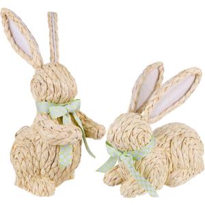 DR.DUDU Easter Decor Rattan Bunny, 2 Pack Wicker Bunnies Easter Indoor Decorations for Home Table Centerpiece, Spring & Farmhouse Woven Rabbit Decor (White With Green Accents)