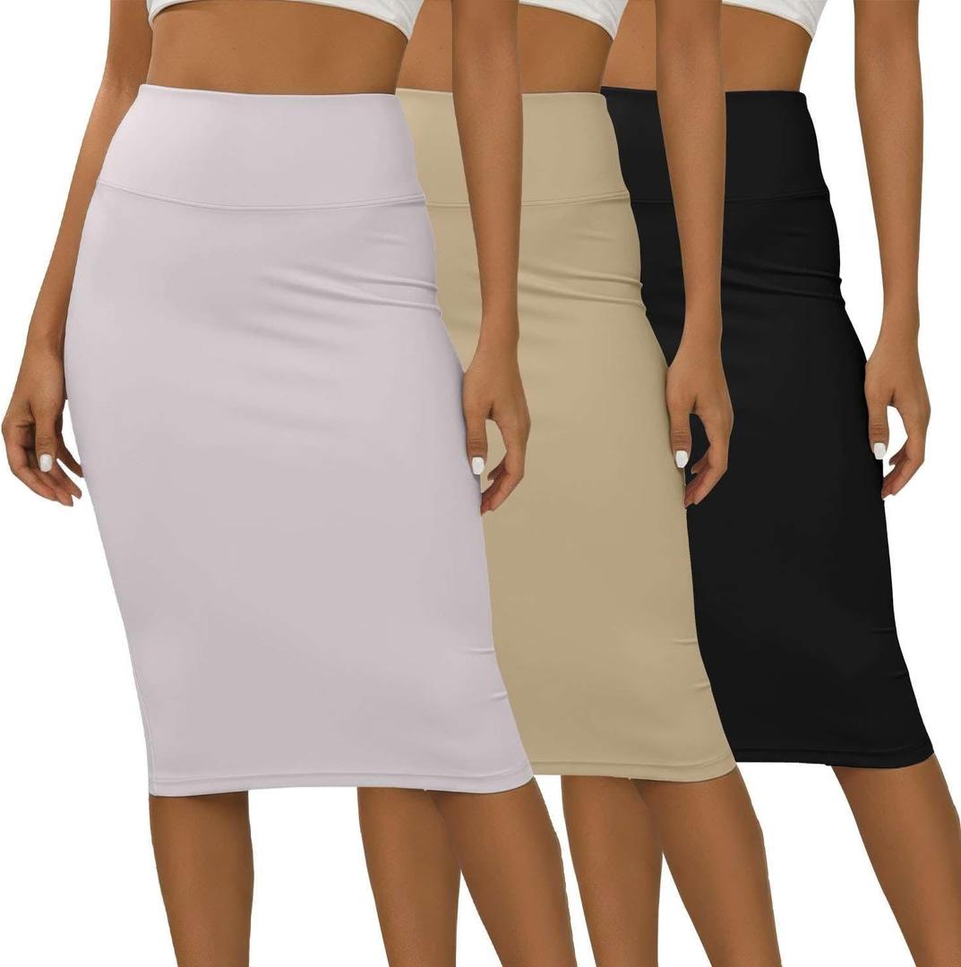 Real Essentials 3 Pack: Womens Soft Midi Skirt – High Waisted Pencil Work Office Business Casual Skirts with Back Slit Plus (M)