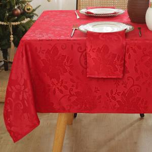 SASTYBALE Christmas Tablecloth 52 x 70 Inch Red Rectangle Poinsettia Jacquard Xmas Tablecloths, Spillproof Anti-Wrinkle Damask Fabric Table Cover for Winter, Xmas & Holiday Parties