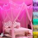 Obrecis White Bed Canopy with Star Lights for Girls, 8 Corner Post Princess Canopy Bed Curtains with 100 LED Star Lights String Color Changing for Bedroom Decor Twin Full Queen King Bed
