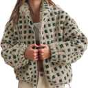 Lianlive Women Winter Sherpa Fleece Jacket Long Sleeve Zip Up Checkered Fuzzy Cropped Coats Warm Outwear with Pockets (Medium, Green)