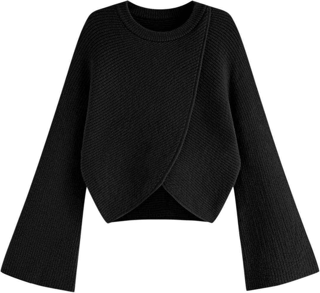 CIDER Cropped Sweaters for Women Turtleneck Sweater Long Sleeve Ribbed Knit Lantern Sleeve Pullover Fall Outfits (Medium, Crewneck-black)