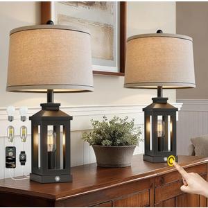 GSAFAVA 23.75" Retro Farmhouse Black Table Lamp for Living Room Bedroom Nightstand Set of 2 Touch Control Bedside Nightlight Vintage Modern Lamp with USB C+A Ports and 2 Light Sources