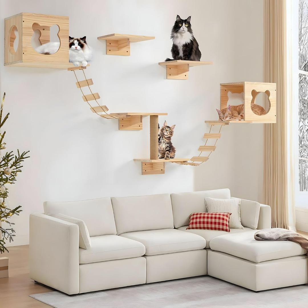 PETKABOO Cat Wall Shelves and Perches, Pine Wooden Cat Wall Furniture Climbing Shelves with Climber, Condo, Scratching Post, Ladder & Platform