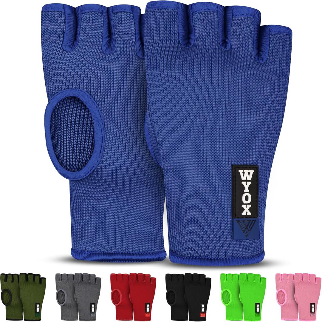 WYOX Hand Wraps Inner Gloves for Kickboxing, Hand Protection for Punching Bag Boxing Glove Liners, Muay Thai, Speed Bag Gloves, Wrist Wrap Training Gloves for Under Mitts & Elasticated (L/XL (22-26cm), Blue)