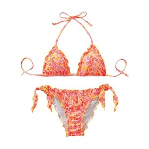 BEAUDRM Women's 2 Piece String Bikini Sets Floral Print Ruffled Halter Tie Backless Thong Swimsuits Bathing Suit Orange Large