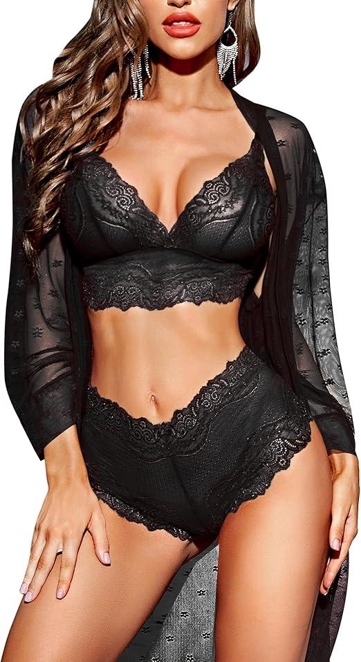 RELOVE Set 3 Piece Lace Kimono Robe with Bra and Panty Sheer Sleepwear XL