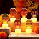 Tuanse 6 Pcs Halloween Day of The Dead LED Flameless Tealight Candles Dia De Muertos Suger Skull Gifts Mexican Halloween Flameless Candles for Bedroom Living Room Ofrenda Decorations