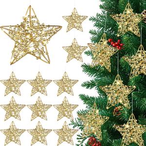 12 Pcs 2.8'' Gold Metal Star Ornaments for Christmas Tree Decor Rustic 3D Glitter Star Ornaments for Crafts Small Gold Christmas Hanging Stars Festive Gifts Embellishments for Holiday Party