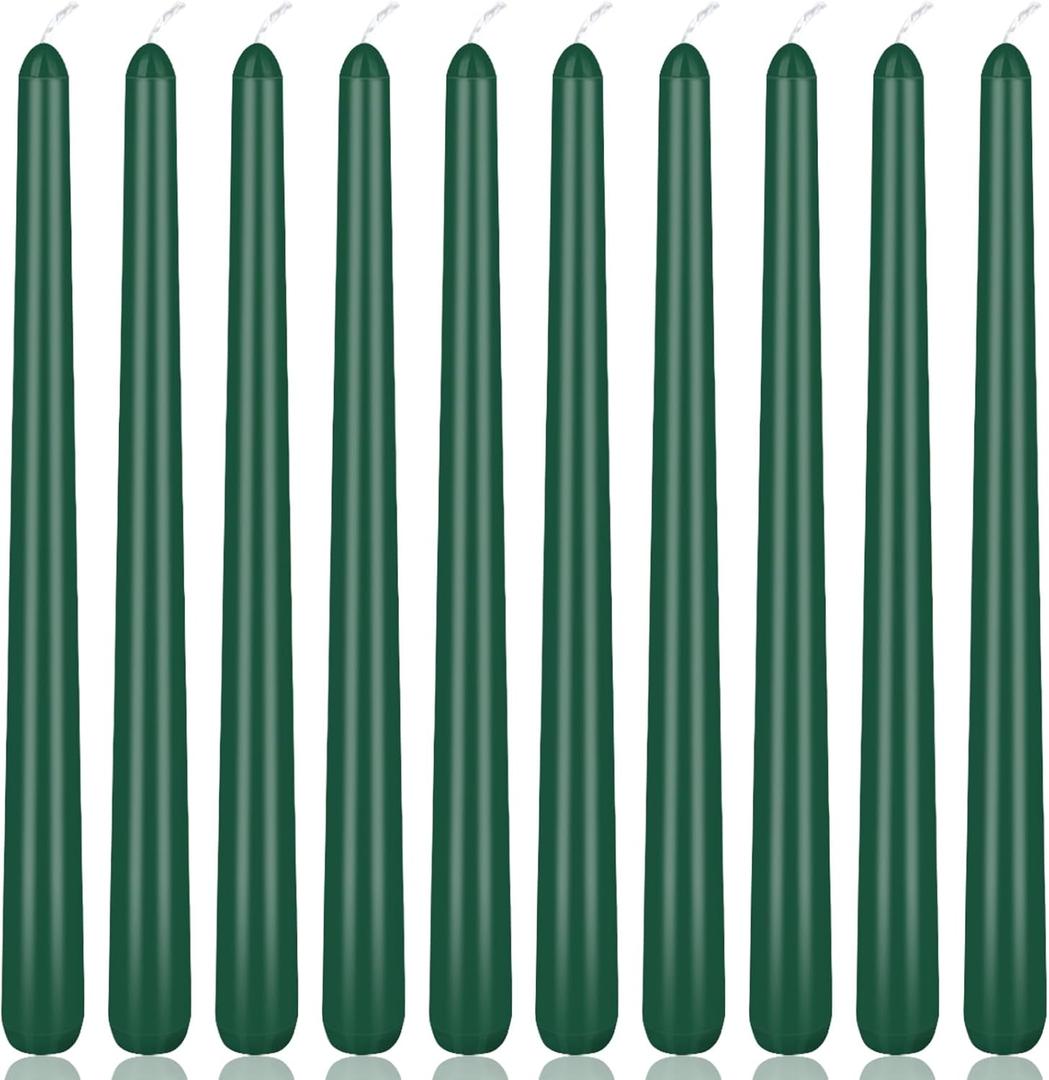 10 Inch Hunter-Green Taper Candles, 10 Pack Unscented Candlesticks for Christmas Spring Dinner Wedding and Home Decoration, Smokeless and Dripless Emergency Candles