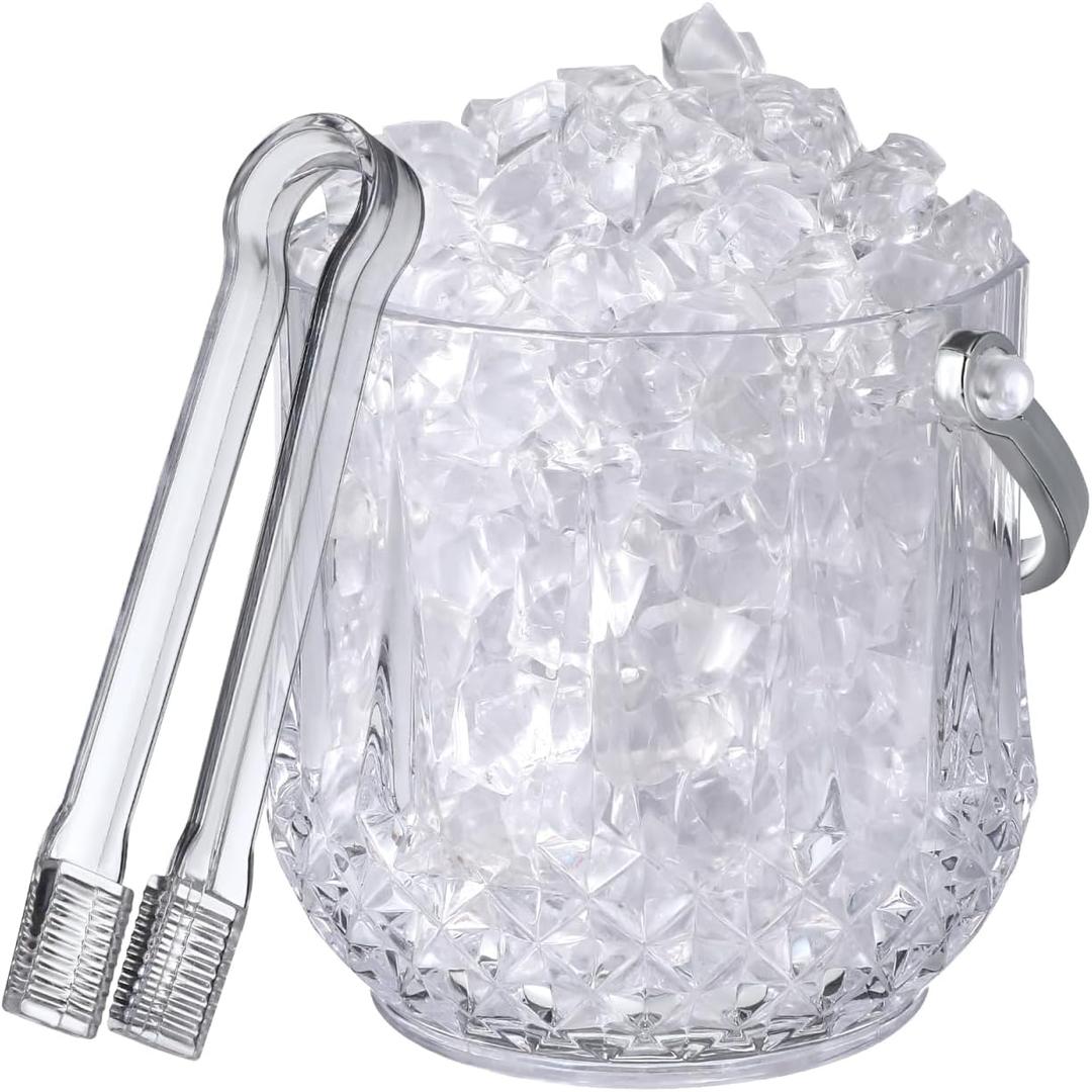 Operitacx Plastic Ice Bucket, Portable small Clear Ice Bucket with Tongs and Handle for Beer Beverages Wine Cooler Parties and Events, 4.72" L x 4.72" W x 5.11" H
