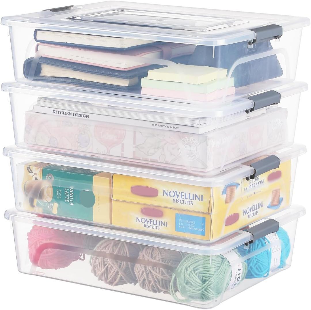 Plastic Storage Bin with Lid, Stackable Design, Clip Box for Crafts, Supplies and Office Items Container (4 Pack 10 Quart)