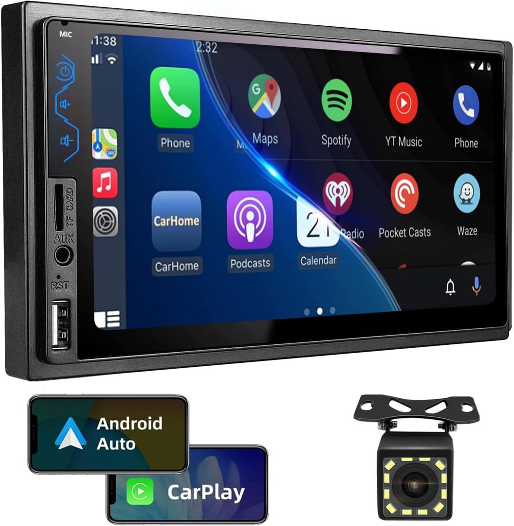 Double Din Car Stereo Compatible with Apple CarPlay and Android Auto - 7inch HD Touchscreen Car Audio Receivers with Bluetooth, Mirror Link, Backup Camera, SWC/USB/AUX/TF/Subwoofer, FM Car Radio