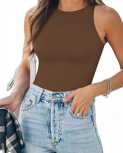 MANGOPOP Tank Top Body Suits Women Sexy Crew Neck Racerback Halter Ribbed Sleeveless Bodysuit for Women M