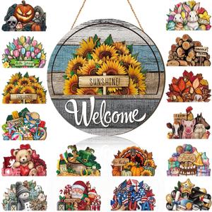 Yousoontic 17 Pcs 12 Inch Magnetic Welcome Door Sign Interchangeable Front Door Wreath Decor Rustic Seasonal Hanging Sign Easter Spring Decor for Home Warming Gift(Retro Color,Grain Welcome)
