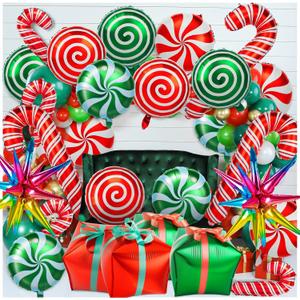 38Pcs Christmas Balloons, Big Red Green Candy Cane Foil Mylar Balloon for Party Decorations