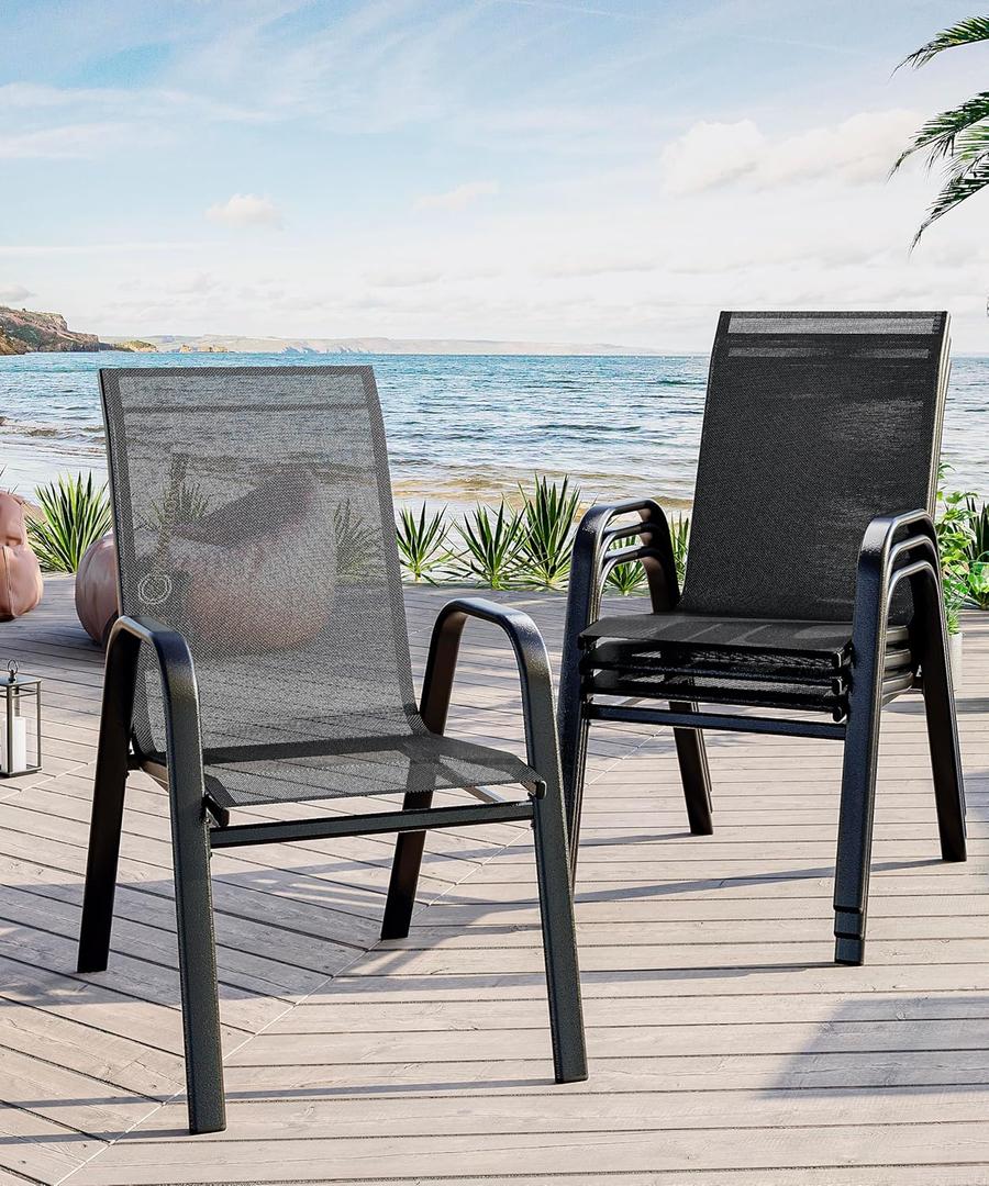 Patio Stackable Chairs Set of 4, Outdoor Stacking Dining Chairs With Breathable Textilene Fabric & Metal Frame for Outdoor, Patio, Deck, Backyard, Black