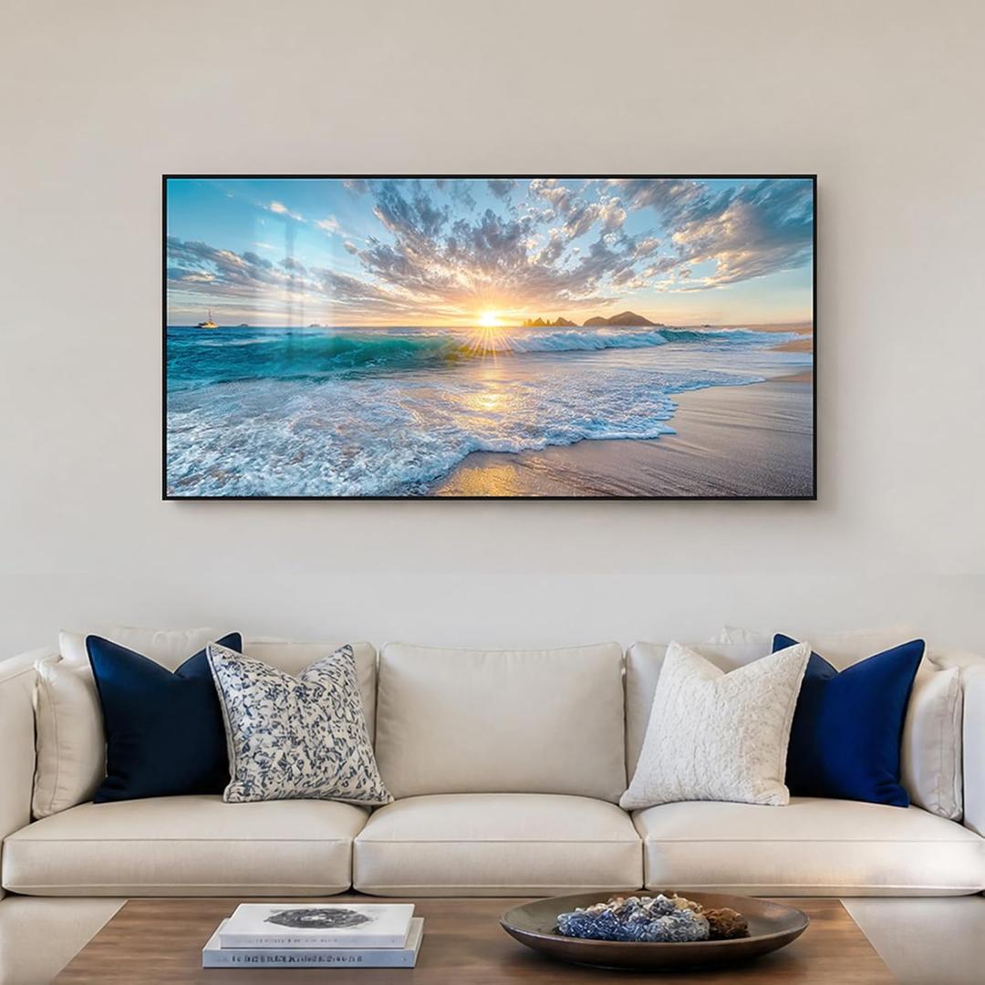 SAFERRYHOME Large Beach Sunset Coastal Wall Art, Crystal Porcelain, 24"x48"