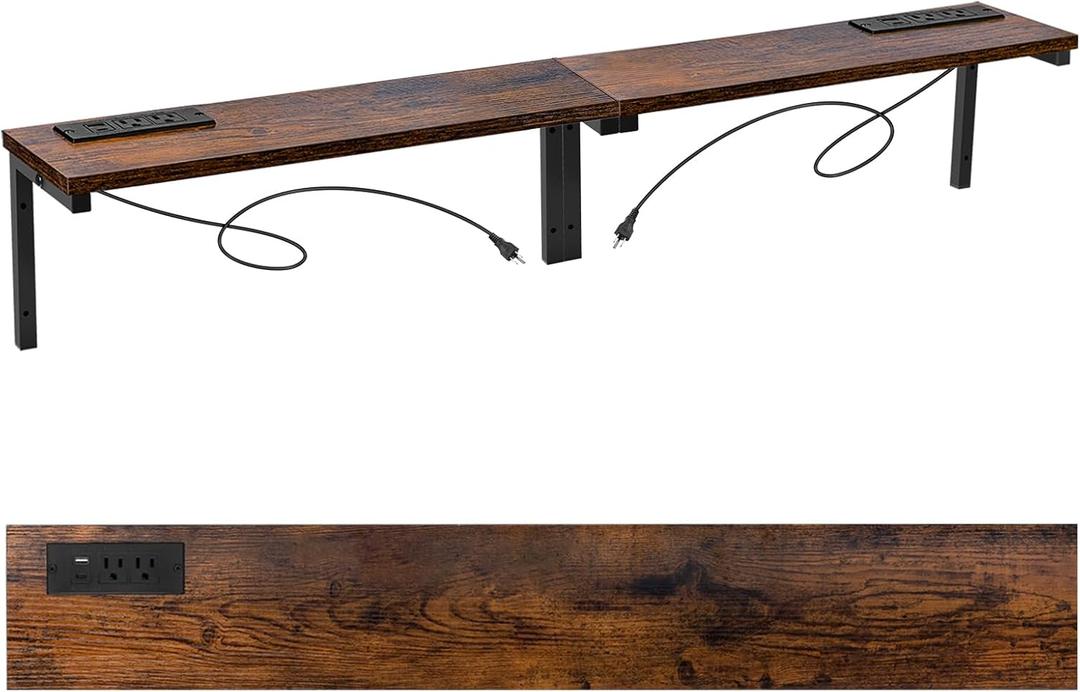 70.8" Narrow Console Table with Outlet, 5.9" Sofa Table Behind Couch Wall Mounted, 2 Pack with 4 Power Outlets 4 USB-C Ports 4.9ft Cord for Entryway, Hallway, Living Room, Rustic Brown