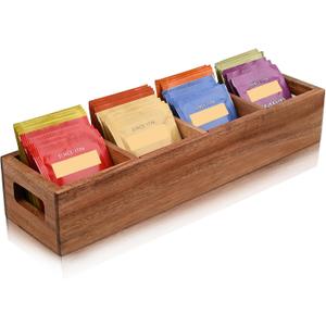 Acacia Wood Tea Bag Organizer with 4 Slots  Tea Bag Holder and Tea Organizer, Sugar Packet Storage for Countertops