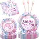 Oneder the Sea Decorations - 96 Pcs Under the Sea 1st Birthday Party Supplies, Pink Purple Ocean Animal Tableware Underwater World Disposable Paper Plate Napkin Fork for Girls Serves 24 Guests