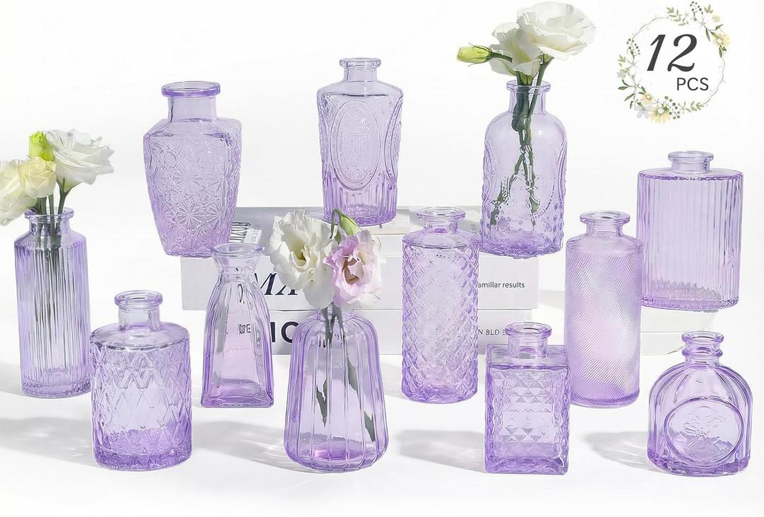 RUCKAE 12 Pack Glass Bud Vases Mini Flower Vase Small Vintage Vases for Centerpiece Table Wedding Decorations Home Decor Party (Purple)