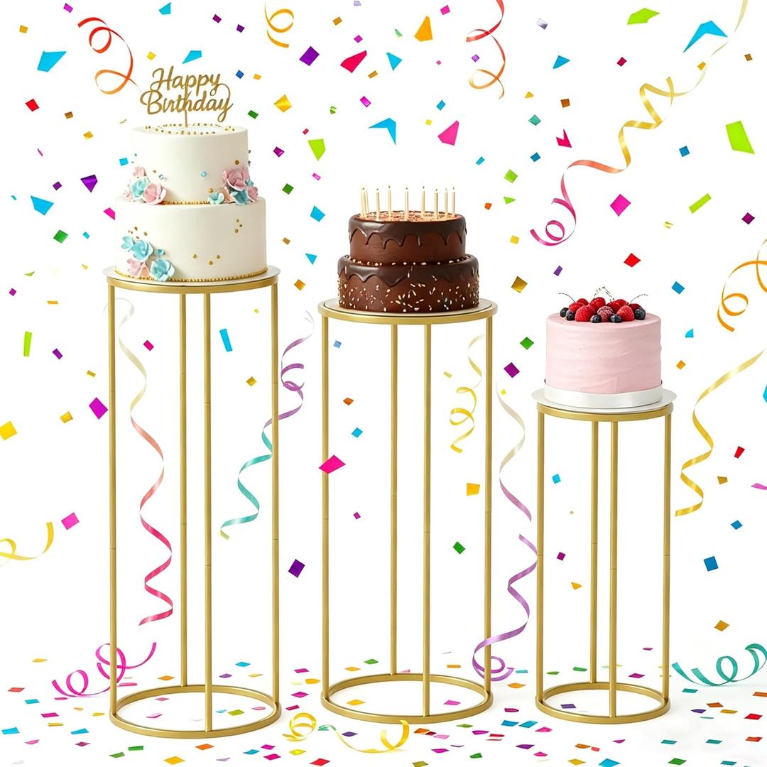 Urban Deco 3Pcs Cylinder Stands for Party, Round Pedestal Stand for Parties with Removable Acrylic Tops, Gold Metal Cake Stands, Cilindros para Fiestas for Birthday Party Wedding Baby Shower Decor