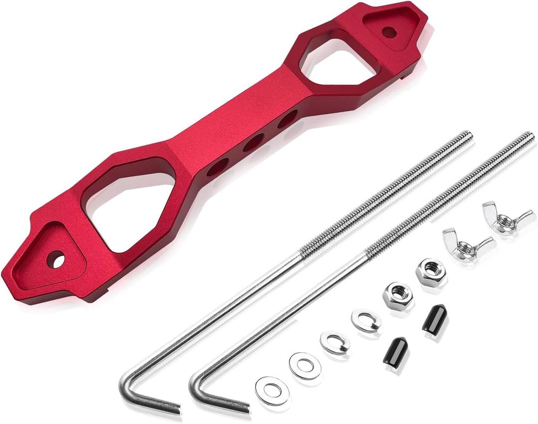 Battery Hold Down Sets, Automotive Crossbar Holder Lock Mount with Galvanized Iron J Bolts, Billet Aluminum Alloy Car Battery Tie Down Bracket, Car Accessories for Most Vehicles (Red)