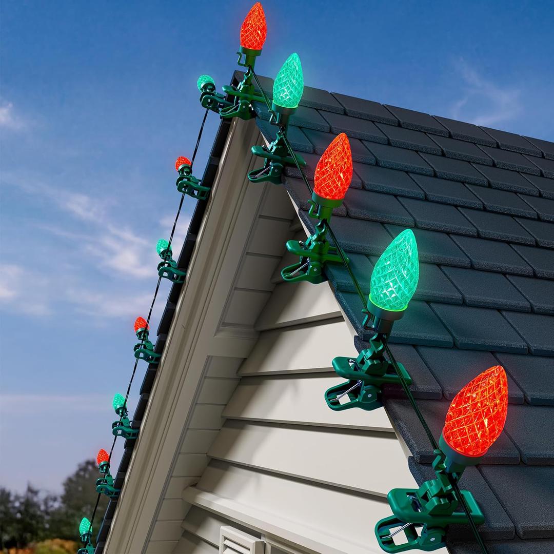 C9 LED Christmas Lights Outdoor, 68 Feet 100 LED Strawberry String Lights With 100 Spring Clamps, Waterproof Commercial Grade Extendable for Outside Roofline Patio Home Xmas Decoration, Red & Green