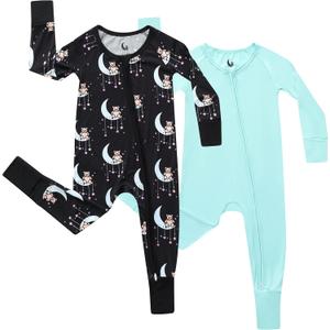 Bamboo Viscose Baby Pajamas 2 Way Zip for Diaper Change 0 to 24 Month Soft Stretchy Bamboo Viscose Sleeper 2 Pack (Moons), 18-24 M