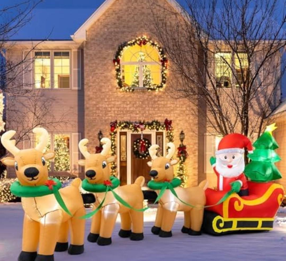 Sizonjoy Outdoor Christmas Inflatables Decorations,13 FT Lighted Christmas Inflatables Santa Claus on Sleigh with 3 Reindeer & Christmas Tree for Indoor Outdoor Home Holiday Yard Decorations